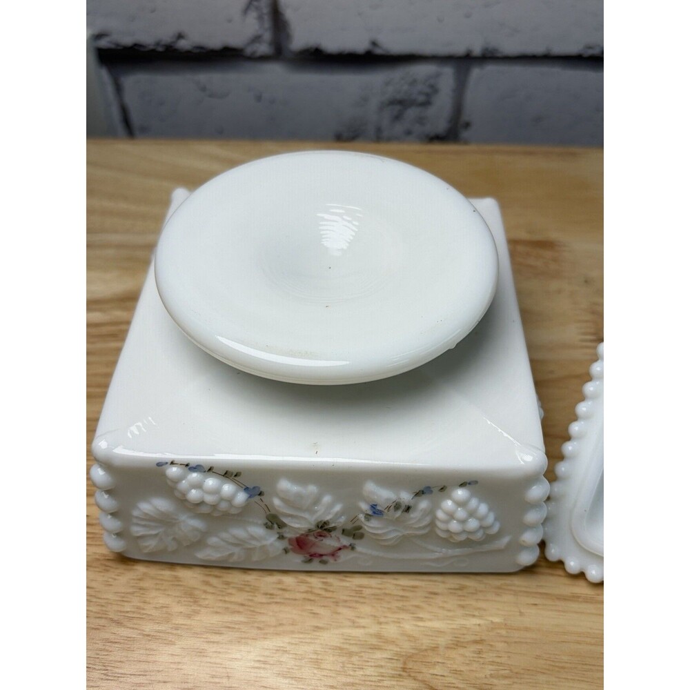 Westmoreland Milk Glass Candy Dish Lidded Paneled Grape Painted Flowers Footed - Picture 9 of 13